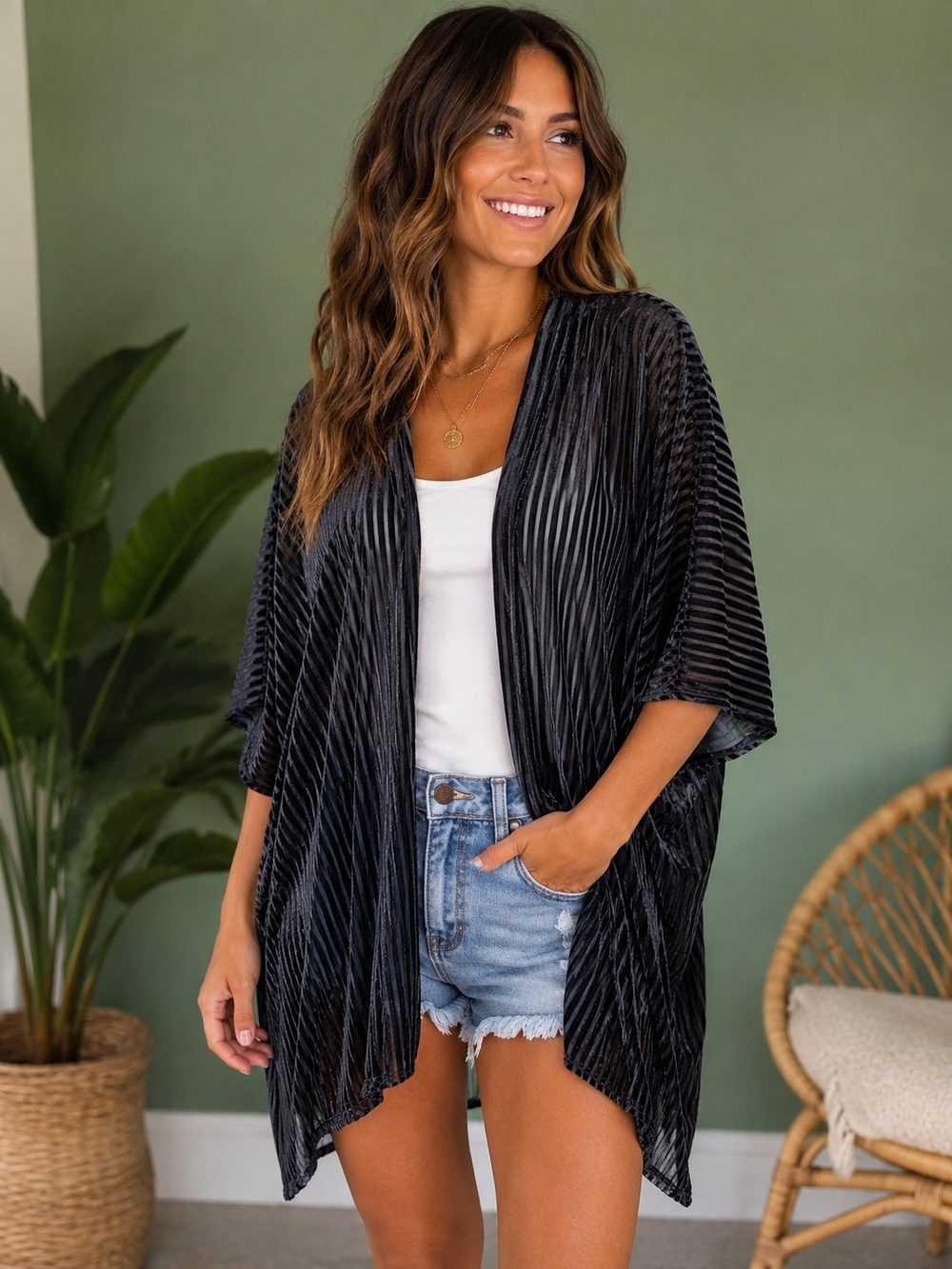 Black Ribbed Velvet Kimono Cardigan - Oversized